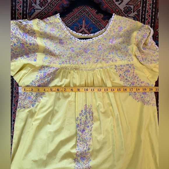 Vtg Mexican Oaxaca Embroidered Pastel Maxi Kaftan Yellow Dress - Picture 8 of 12